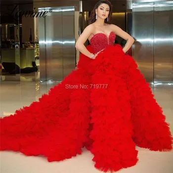 Raudona Ilgai Garsenybių Suknelės 2020 Užsakymą Zawalcowany Princesė Pakopų Tiulio Debesis Promenadzie Suknelė, Vestidos De Fiesta Arabų Šalis Suknelė