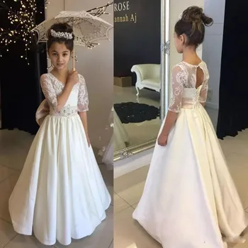 2020 Gėlių mergaičių Suknelės, Vestuvių Šalis, Pirmoji Komunija Satino Lankas Nėrinių Pusė Rankovės-line Princesė Vaikai skraiste filė mariage