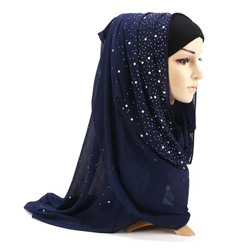1 Vnt nauju Moterų Burbuliukai Šifono Skara Su Deimantu, Smeigės Perlai Šalikas Paprasto Hijab Skaros Apsiaustas vientisos Spalvos Musulmonišką Hidžabą Šalikas