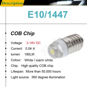10vnt E10 LED Žibintuvėlio Lemputės, Lempos 0,5 W Šiltai Balta 3V 4.5 V 6 V 12V 18V 1447 Varžtas LED Pakeitimo Žibintuvėlį, Fakelą Žibintas