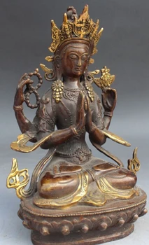 15cm Senojo Tibeto Budizmo Bronzos Paauksuota 4 Ginklų Chenrezig Budos Statula Avalokiteshvara
