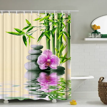 180*180cm Žalieji Augalai Dušo Užuolaidos Vonios Vandeniui Poliesterio Dušo Užuolaidos Bambuko Spausdinimas su Kabliukais Kinų stiliaus