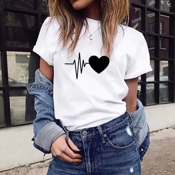 2019 Moterų marškinėliai Mados Puikus Širdies Spausdinti trumpomis Rankovėmis T-shirt Harajuku Juoda Balta Moterų marškinėliai Streetwear Viršūnes @30Feb 5