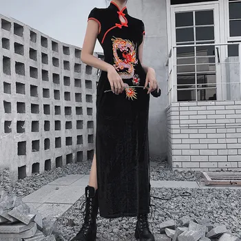 2019 Naujas Juodas Slim Siuvinėjimo Suknelė Ilgomis Rankovėmis Golfo Gothic Punk Streetwear Moterų Rudenį Bodycon Helovinas Drabužius#J30