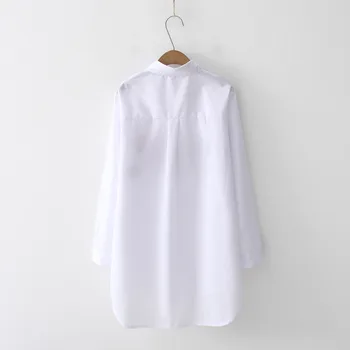 2020 m. NAUJA Baltos spalvos Marškinėliai, Laisvalaikio Drabužiai Mygtuką Iki Pasukite Žemyn Apykaklės ilgomis Rankovėmis Medvilnės Palaidinė Siuvinėjimo Feminina KARŠTO Pardavimo T8D427M