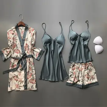 2020 M. Pavasarį, Rudenį Moterys Šilko Pižama Rinkiniai Su Krūtinės Pagalvėlės, Gėlių Spausdinti Pijama Sleepwear 4 Gabalus Spageti Diržas Satino Pižamos