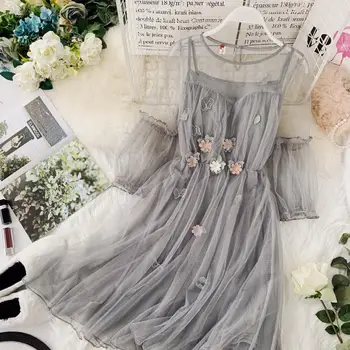 2020 m. rudenį naujų moterų, O-kaklo žibintų rankovės gazas pasakų sluoksniuotos suknelė moteriška gėlių appliques elegantiškas tinklinio princesės suknelės