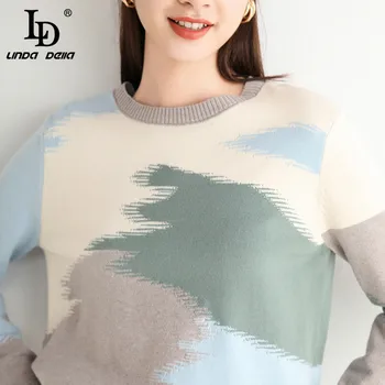 2020 Moterų rudenį ir žiemą naujas vientisos spalvos siūlėmis megztinis marškinėliai atsitiktinis kontrasto spalvų apvalios kaklo džemperis moterims puloveriai