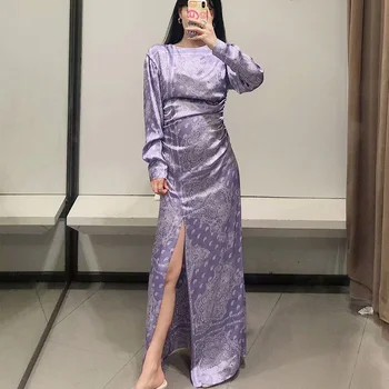 2020 NAUJAS Vasaros moterų suknelė violetinė print long sleeve O-Kaklo padalinta kulkšnies ilgio suknelės moteriška mada moterims, drabužiai
