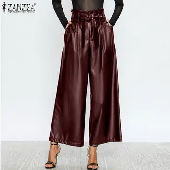 2021 m. Pavasario Plati Koja Kelnės ZANZEA Mados Kietas PU Odos Kelnės Moterims Atsitiktinis Aukšto Juosmens OLIS Darbo Raukiniai Pantalon Streetwear