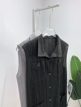 2021 m. Pavasario Vasaros Miyake plisuotos rankovių Kišenės mygtuką dressTurn-žemyn motel uolienos apskritai suknelė korėjos estetinės drabužiai