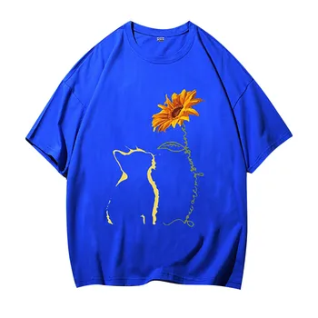 40# Marškinėlius Moterų Mados Spausdinti Harajuku Turas Trumpas Rankovės Katė Spausdinti Atsitiktinis Palaidų T-shirt Viršuje Spausdinimo Raundo Kaklo trumpomis Rankovėmis