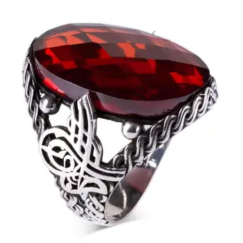 925 Sterling Osmanų Tugra Briaunotas Raudonas Ovalo formos Cirkonis Sterlingas Sidabro Vyrų Mados Žiedas turkijos, aukščiausios Kokybės, Rankų darbo Jawelery