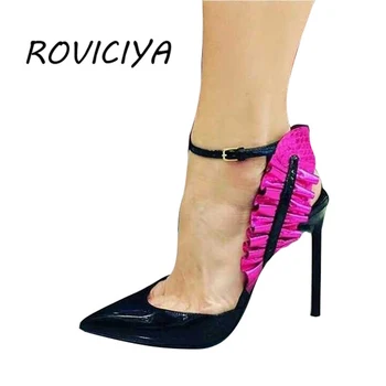 Basutės pažymėjo tne 12 cm aukštakulnius čiurnos dirželis moterų batai vasaros bateliai moterims siurbliai, mišrios spalvos LX006 ROVICIYA