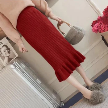 BORRUICE Elastinės juostos moterų sijonai Rudenį, žiemą šilta megzta tiesiai sijonas Briaunoti kietos ponios šalis nešioti Undinė Sijonai 2020 m.