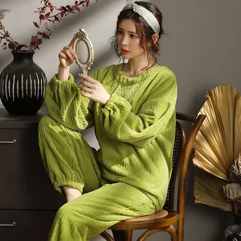 Didelio Dydžio Moteriški Sleepwear Šiltas Tirštėti Pižama Rinkiniai Aksomo Prarasti Homewear Kostiumas Ilgomis Rankovėmis Pižamos Žiemos Femme Namų Drabužiai