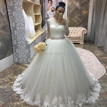 Elegantiškas Kamuolys Nėrinių Suknelė Ilgomis Rankovėmis Princesė Vestuvių Suknelės 2020 Balta Aplikacijos Ilgai Varčias Korsetas Atgal Vestuvinės Suknelės Oficialus