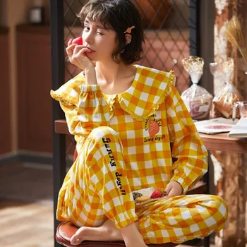 Fdfklak Medvilnės pižama moterims ilgomis rankovėmis namų drabužiai, lėlės žiedo pavasario rudens sleepwear nustatyti mielas animacinių filmų ponios pijamas rinkinys