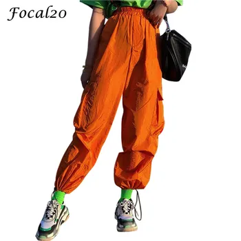 Focal20 Streetwear Orange Moterų Kelnės Cargo Kelnės Elastingos Juosmens Juostelės Kišenės Atsitiktinis Palaidų Visas Ilgis Sporto Kelnes Kelnės