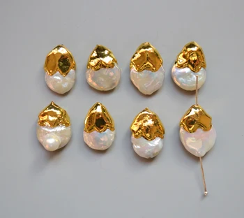 Gamtos gėlavandenių Baltųjų Perlų jungtis pakabukas su aukso electroplated kraštus,balta Perlų Karoliukai, Metalinės