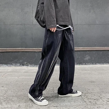 Harajuku Kaklaraištis Dažų Plauti Jeans Mens Streetwear Retro Prarasti Tiesiai Džinsinio Audinio Kelnės Baggy Hip-Hop Atsitiktinis Jean Kelnės