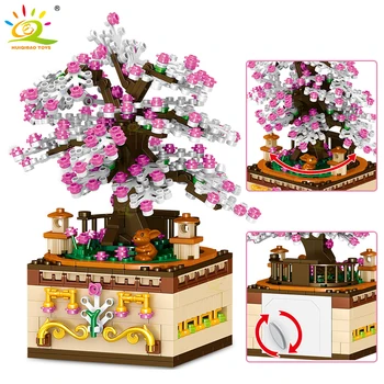 HUIQIBAO 487Pcs Sakura Temą Muzika, Muzikos Langelį, Statyba Blokai Miesto Rytų Vyšnių Medžio Kūrybiškumą Plytų Voverė Duomenys Žaislai
