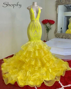 Ilga Elegantiška Prom Dresses 2021 Apynasrio Mermaid Stiliaus Geltonos China su Ruffles Organza Juodosios Afrikos Mergaičių Prom Chalatai Gala