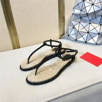 Kalnų krištolas Split toe sandalai moterims, natūralios odos Šiaudų kanapių virvė flip šlepetės t-susieta dirželio sagtis romos butas vasaros paplūdimio bateliai