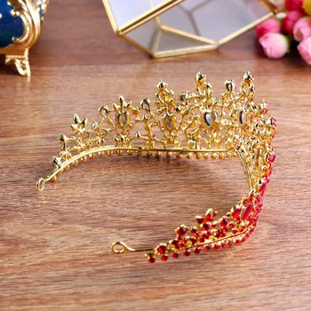 KMVEXO Mados Baroko Prabanga Red Crystal Bridal Crown Rožančiai Vintage Gold Diadem Rožančiai Moterų Nuotaka Vestuvių Priedai