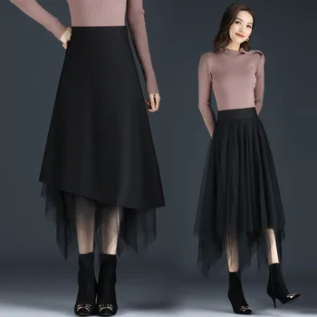 Lady gazas siūlai sijonai moterų pusę sijonas naujas mados grįžtamasis klostuotas sijonas vidutinio ilgio, juodas sijonas jaunų moterų BSQ018