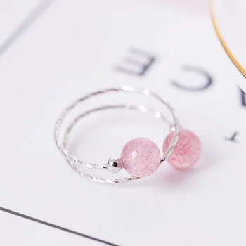 LouLeur 925 sterlingas sidabro braškių kvarco žiedai rožinės mados mielas dvigubo sluoksnio aukščio, žiedai, moterų bauda papuošalai dovana