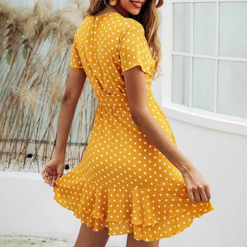 Mados Spausdinti Dot V-kaklo Vasarą Mini Suknelės Su Užtrauktuku 2020 Trumpas Rankovės Susiėmę Suknelė Moterims Boho Paplūdimio Suknelė