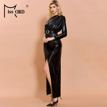 Missord 2021 Moterų Sexy Nereguliarus Kaklo Išjungti Peties Suknelės Moterų Elegantiškas Aukštos Padalinta Latekso Maxi Suknelė FT19828
