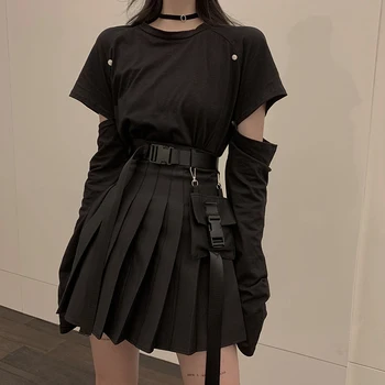 Moteriški dviejų dalių rinkiniai 2020 m. pavasarį korėjos drabužių harajuku mados juoda atsitiktinis palaidų long sleeve T-shirt ir klostuotas sijonas rinkinys