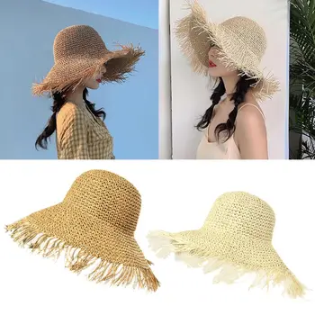 Moterys Vasarą Nėrimo Austi Šiaudų Saulės Skydelis Kepurę su Kutais Kutai Didelio Masto Briauna UV Apsauga Floppy Packable Paplūdimio Kepurė
