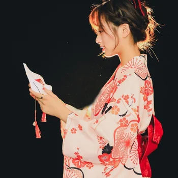 Moterų Japonų Tradicinio Stiliaus Ilgai Kimono Suknelę, Sakura Spausdinti Obi Saldus Yukata Chalatai Geiša Merginos Vintage Suknelė Vestidos