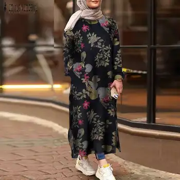 Moterų Musulmonų Rudenį Sundress ZANZEA 2021 Kaftan Spausdinti Hijab Suknelė ilgomis Rankovėmis Gėlių Vestidos Moterų Kišenės Maxi Skraiste, 5XL