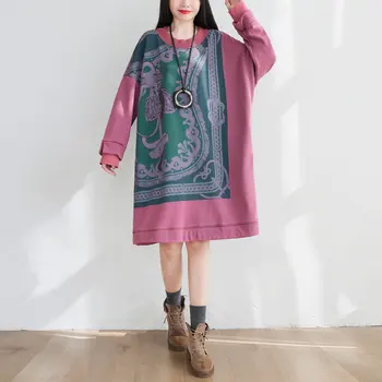 Moterų nauja rudens ir žiemos plius dydis literatūros M-ilgio suknelė plauti apvalios kaklo su aksomo storio prarasti atsitiktinis sweatershirt