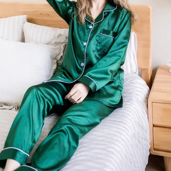 Moterų Pajama Komplektai Šilko Satino Pijama -žemyn Apykaklės Sleepwear ilgomis Rankovėmis Pavasario naktiniai drabužiai Femme 2 Vienetų Rinkinių Homewear