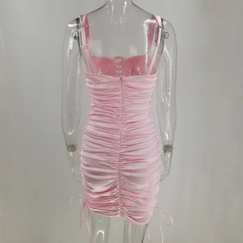 Moterų ruched seksualus bodycon plisuotos suknelės v kaklo nėrinių diržas pink casual dress vasaros šalis klubo aprangą naujų moteriškų rūbų 2020 m.