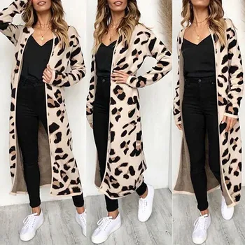 Moterų Žiemos Paltai Rudenį ilgomis Rankovėmis, Leopardas spausdinimui ilgomis Rankovėmis Megztinis Atidarykite Priekinį Gaubtą Kailis ropa mujer