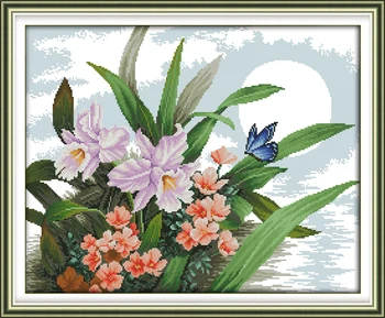 Mėnesiena orchidėja kryželiu rinkinys 14ct 11ct skaičius print dekoruotos drobės, siuvinėjimo, susiuvimo 
