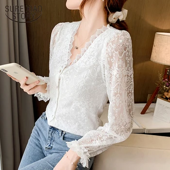 Naujas Korėjos Long Sleeve Top Moterų V-Kaklo, Nėriniai Elegantiška Balta Palaidinė Moterims 2021 Nėrimo Gėlių Cardigan Vintage Marškinėliai Moterims 11907
