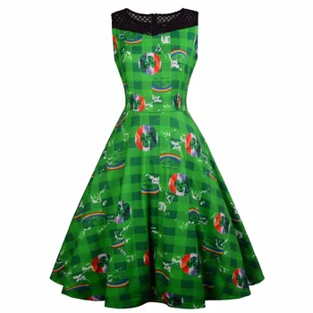 Naujas paketas St. Patrick ' s Day užsienio prekybos Amazon naujas moterų retro rankovių nėrinių dobilų spausdinti suknelė