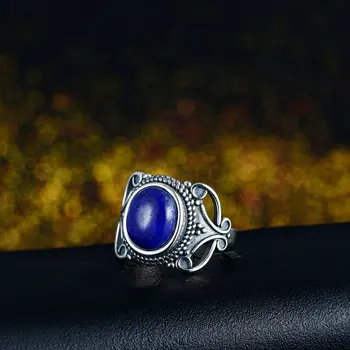 Naujas Vintage Fine Jewelry Tuščiaviduriai Iš 8X10MM Gamtos Mėlynas lazuritas Žiedai 925 Sterlingas Sidabro, Moterų-Metis Dovanos