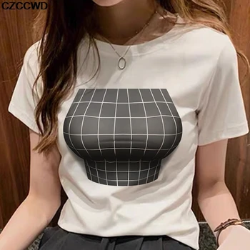 Nauji Marškinėliai Moterims Mados 3D Klaidingą Didelis Krūtinės Spausdinti Atsitiktinis Vasaros trumparankoviai marškinėliai Harajuku Asmenybės Streetwear Viršūnes Tees