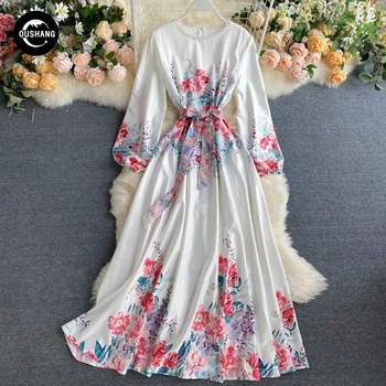 OUSHANG Bowknot minkštas retro spausdinimas užsienio sluoksniuotos rankovėmis chic švelnus vėjo ilga suknelė Palace vėjo moterų pavasario 2020 m nauja suknelė