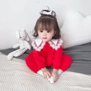 Rudenį, Vaikams Baby Girl Romper Nėrinių Apykakle Ilgomis Rankovėmis Medvilnės Romper Baby Girl Jumpsuit Komplektus Cute Kūdikių Rinkiniai