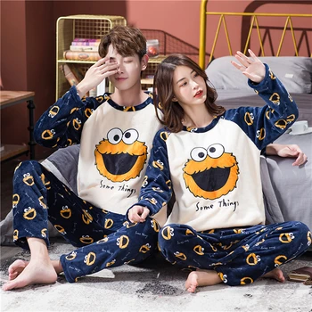 Rudenį, Žiemą Šilta Pižama Porų Flanelė Sleepwear Minkštas Pyjama Rinkiniai Animacinių Filmų Modelis Moterų Pajama Nustatyti Ilgomis Rankovėmis Vyrams Lounge Pijamas