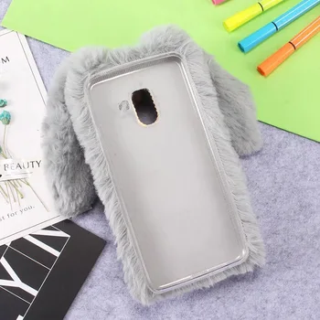 Samsung Galaxy A6 Plius 2018 A8 Plius 2018 Prabanga Pliušinis Kiškis Minkštas Kailis Pūkuotas Mielas 3D Triušio Ausis TPU Diamond Telefonas Padengti